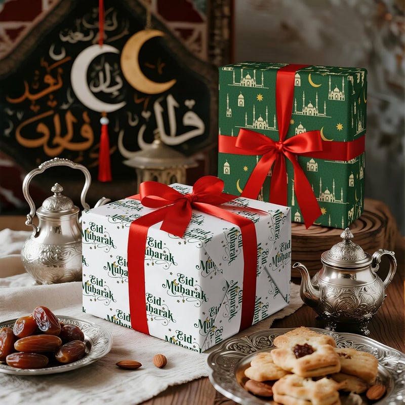 LeZakaa ورق تغليف عيد مبارك، تغليف هدايا للمهرجان الإسلامي مع فوانيس، هلال، مسجد 6 تصاميم لعيد الفطر، احتفال رمضان المسلم، 6 أوراق مطوية مسطحة، 19.7" × 27.5" لكل ورقة - Image 2